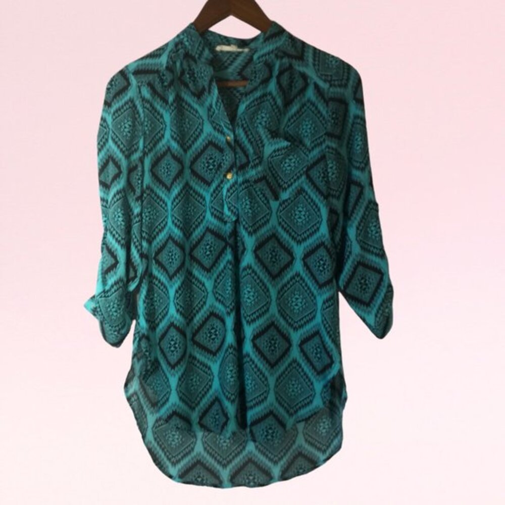 Wishful Park Turquoise & Black Aztec Print Blouse Size M